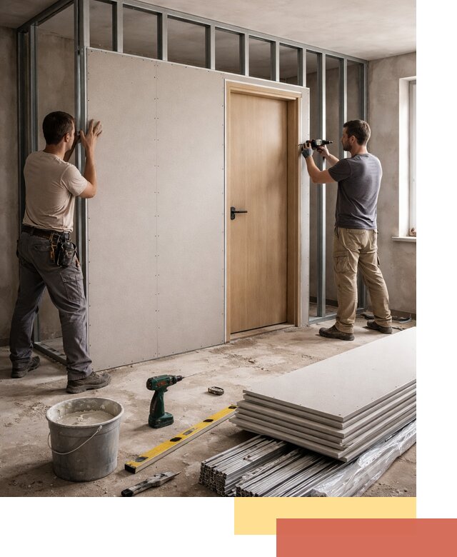 Перегородка из гипсокартона с дверью под ключ в Истре