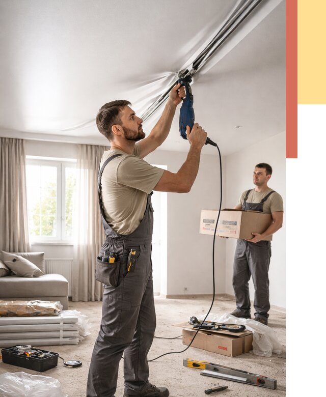 Монтаж сатинового натяжного потолка в Истре от 3556 руб. | Быстро, недорого — ОТДЕЛОЧНИК-Ста