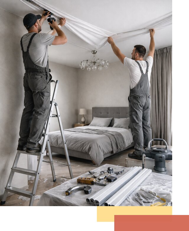 Монтаж натяжного потолка в спальне в Истре