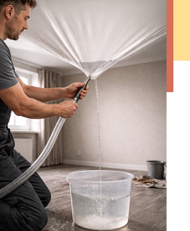 Слив воды с натяжного потолка в Истре от 2540 руб. быстро и недорого | ОТДЕЛОЧНИК-Ста