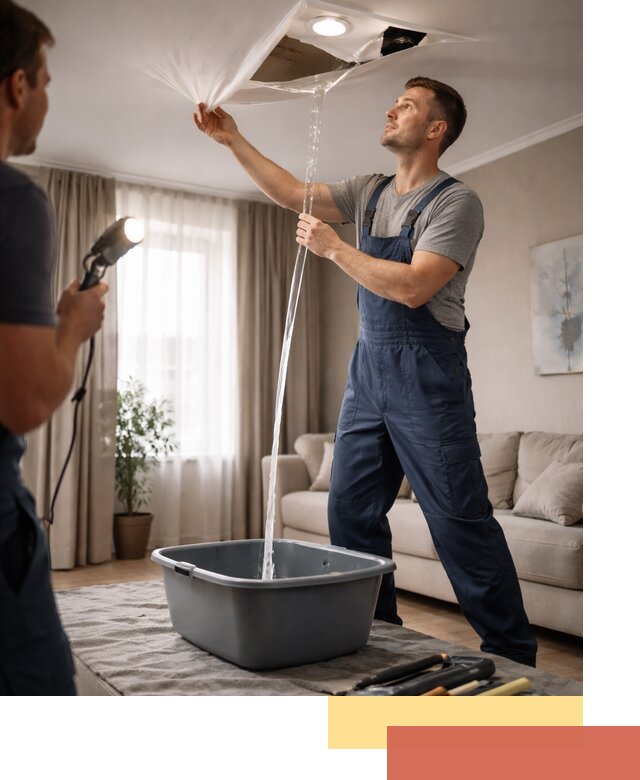 Слив воды с натяжного потолка в Истре быстро и аккуратно