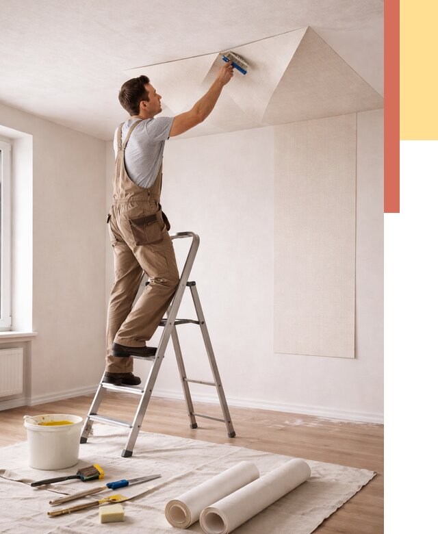 Поклейка обоев на потолок в Истре от 4572 руб. быстро и недорого | ОТДЕЛОЧНИК-Ста